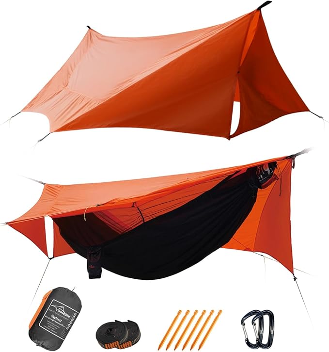 SkyNest 11ft Hammock with Net and Rain Fly Tarp 4 in 1 Camping Hammock Tent Ultralight Portable Double-Layer Hammock with Ridge Rope for Camping Hiking and Backpacking