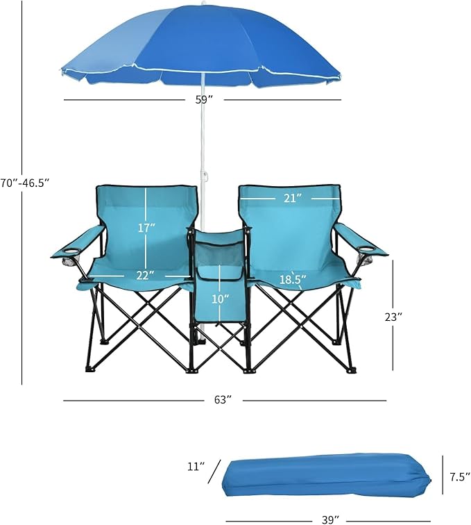 Goplus Double Camping Chair with Umbrella Folding Loveseat Chairs w/Canopy Shade Carrying Bag Table Cup Holder Portable Beach Chairs Outdoor Picnic Patio (Turquoise)