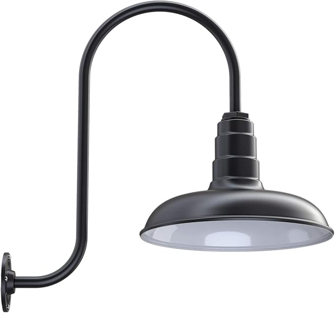 Steel Lighting Co. Topanga Barn Light | Outdoor Wall Mounted | Farmhouse Garage Light Made in America | 14 inch Dome | Upslope Gooseneck | Matte Black Exterior/White Interior