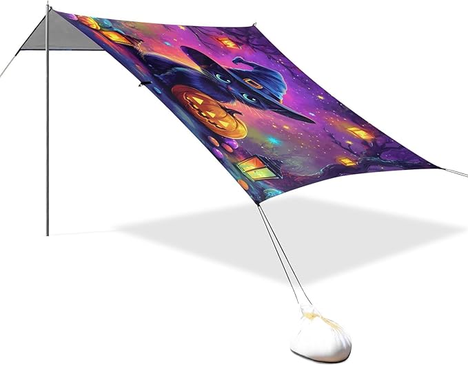 ALAZA Hallowenn Witch Cat Beach Tent Sun Shelter UPF50+ Protection Beach Shade Canopy w/ 4 Sandbags for Outdoor Camping Fishing Backyard Fun Picnic 10x9 ft