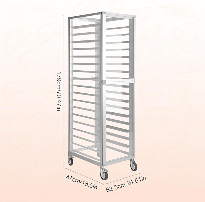 QUNZIDRESS18 Pan Commercial Bakery Rack - 18.5x24.6x70in Aluminum Cooling Speed Rack with Wheels for Home Kitchen Hotel Storage Trolley