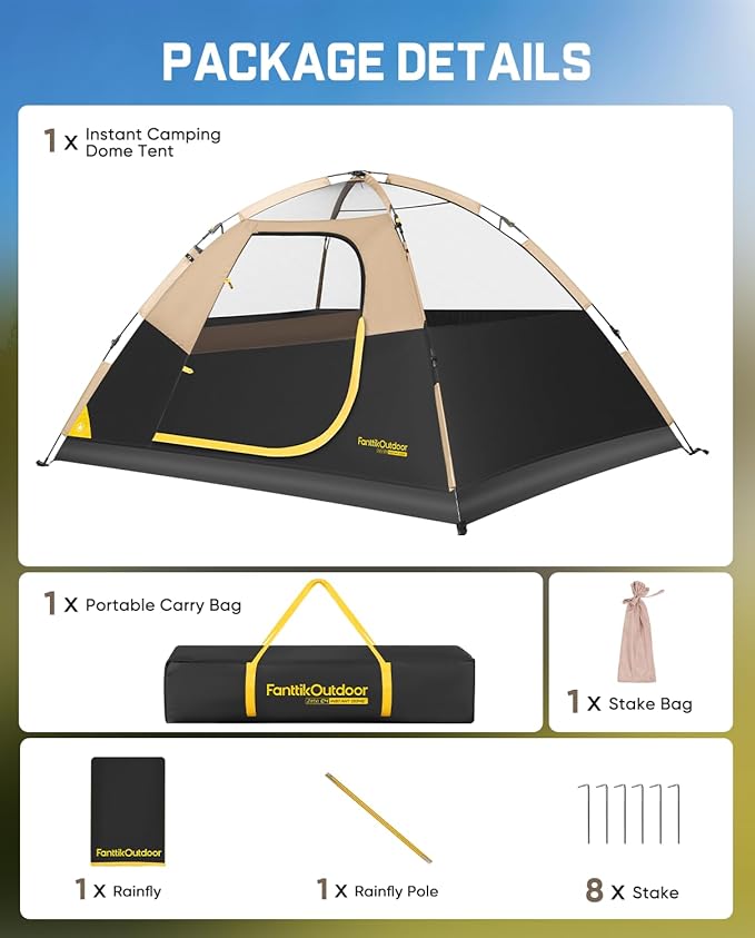 FanttikOutdoor Zeta C2/3/4 Camping Tent 2/3/4 Person Instant Dome Tent Easy Setup in 60s Portable Waterproof Cabin Tent with Pre-Attached Poles &amp Air Vent Ideal for Camping Hiking Backyard