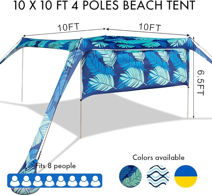 Beach Canopy Tent Shade with Sidewalls 10x10FT 6.6FT Tall UPF50+ Sun Shelter Windproof &amp Water Resistant Includes Guylines Sand Shovel Stability Poles Easy Up for Beach Outdoor Camping Backya