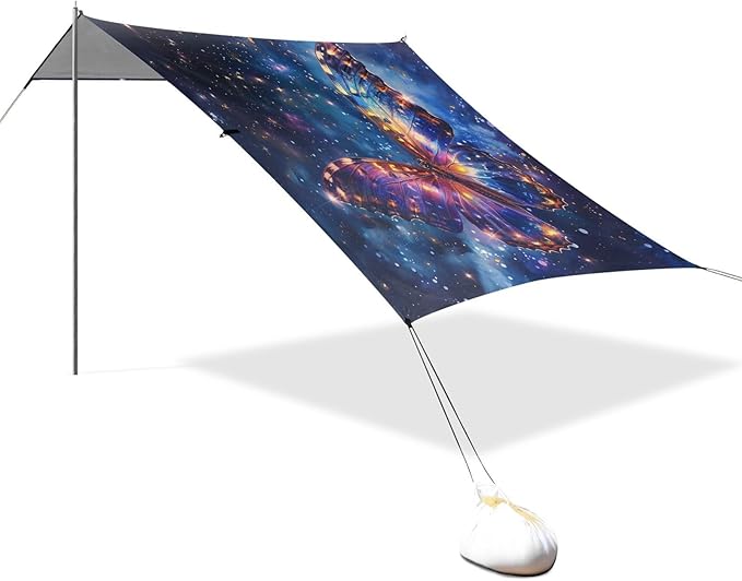 ALAZA Butterfly in Blue Galaxy Beach Tent Sun Shelter UPF50+ Protection Beach Shade Canopy w/ 4 Sandbags for Outdoor Camping Fishing Backyard Fun Picnic 10x9 ft