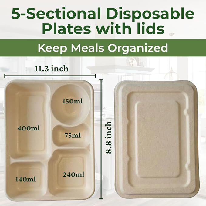 Dtocs Bamboo Fiber 5 Compartment Plates with Lid Set (20 Pcs.) 9 | Heavy Duty Multipurpose Sectional Trays Divided Plate | Microwavable Bamboo Disposable Trays Alt to Plastic Portion Paper Plates