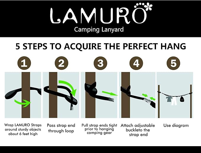 Campsite Storage Strap with 19 Separated Loops for Hanging Camping Equipment Gear and Supplies | Includes Carabiner Hooks and Clothes Pins | Durable Campground Organizer Holds up to 150 LBS
