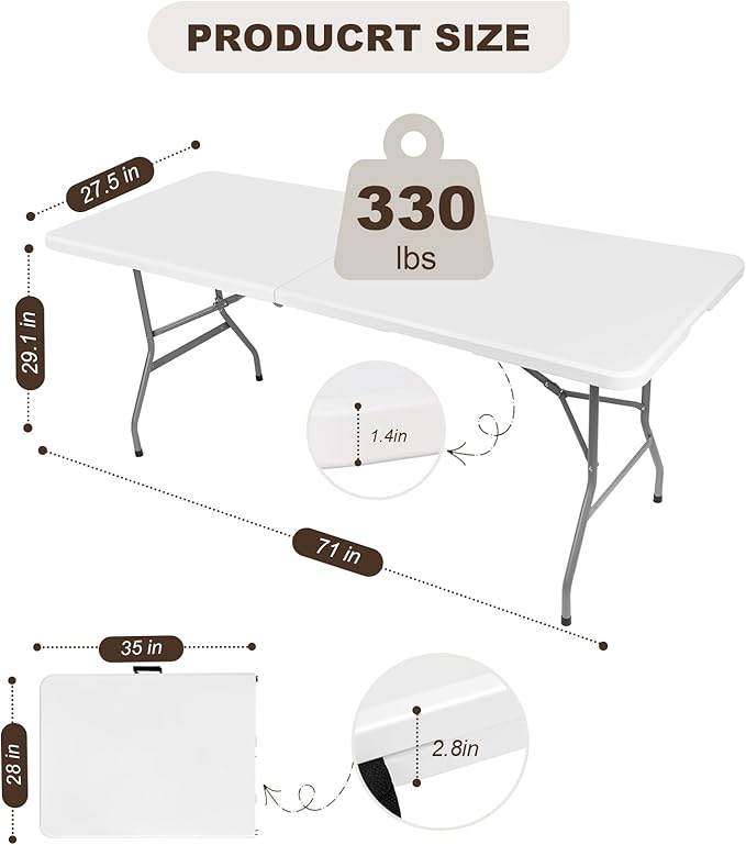 6ft Folding Table Portable Heavy Duty Plastic Utility Foldable Table Indoor Outdoor for Camping Party with Handle Lock - White (6 FT &amp Tablecloth)