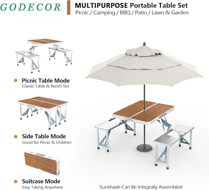 4Ft Folding Camping Picnic Table with 4 Chairs with Umbrella Hole Lightweight Suitcase Card Table-220 Lbs Support Aluminum Frame Plastic RV Tabletop for Outdoor Party Beach and Backyard