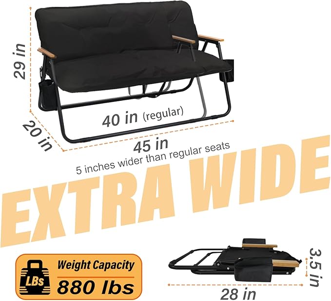 ptlsy 2 Person Camping Chair Oversized Loveseat Camping Chair with Seat Cushion Double Camping Chairs for Adults Heavy Duty Camping Couch Black Outdoor Folding Chair Portable Patio Lawn Chair