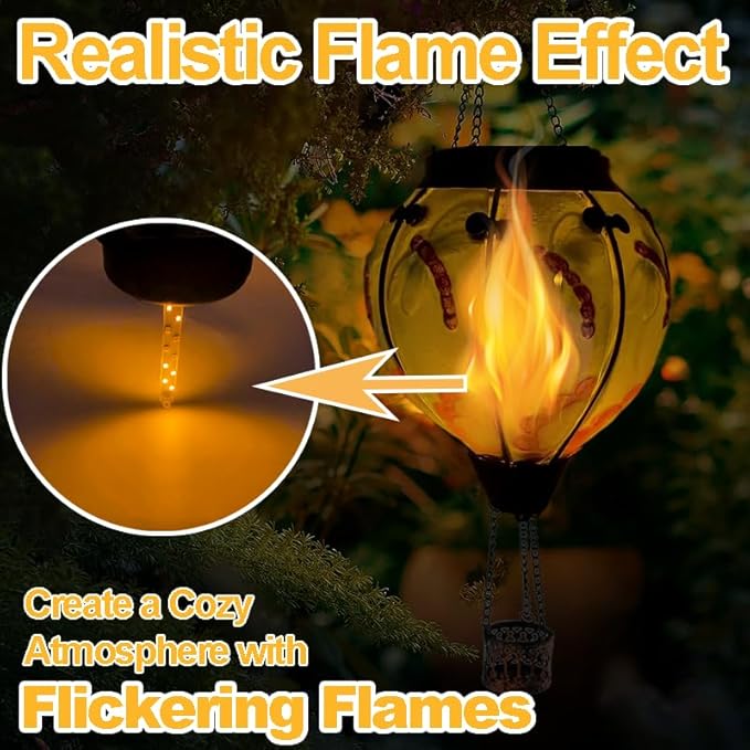 Hot Air Balloon Solar Lantern with Flickering Flame Glass Hanging Garden Lights Outdoor Waterproof for Tree Yard Patio Mother's Day Gift 18 H Dragonfly