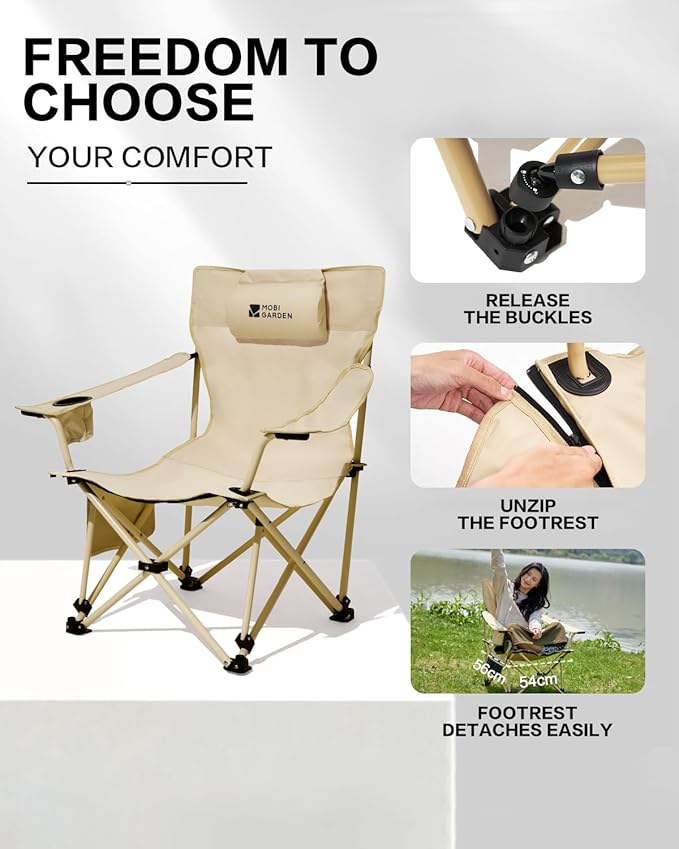 MOBI GARDEN Reclining Camping Chair with Foot Rest 4-Position Adjustable Folding Lounge Chair for Adults Portable &amp Detachable Footrest – Sand - Solid Back