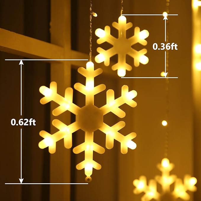 Toodour Christmas Snowflake Lights Outdoor 17.22ft 264 LED Snowflake Icicle Lights with 22 Drops Connectable 8 Modes Waterproof Warm White Christmas Light for Curtain Eaves Window Xmas Decor