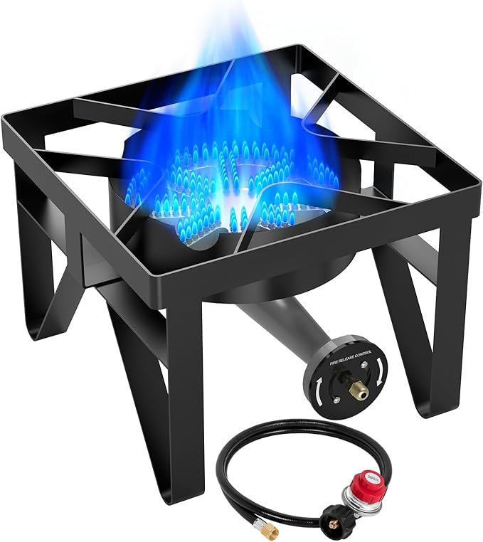 BESTFIRE 200000 BTU Heavy-Duty Propane Burner – Outdoor Stove with 0-20Psi Adjustable Regulator &amp Black Hose – Ideal for Home Brewing Turkey Frying Camping &amp Backyard Cooking