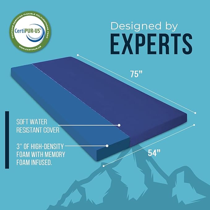 Foamma 3 x 54 x 75 Memory Foam Roll-Up Camping Mattress with Water Resistant Zipper Cover Foldable and Portable for Camping RV Bunk Tent Guest Bed Outdoor and Dorm CertiPUR-US Certified Foam