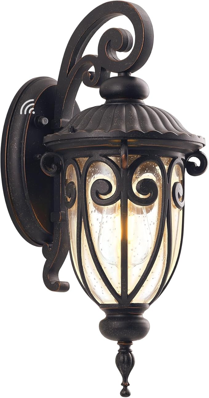 Outdoor Wall Light with Dusk to Dawn Sensor 18 Inch Exterior Wall Lantern Fixture for House Bronze Outside Porch Lighting with Clear Seeded Glass for Garage Front Door Aluminium