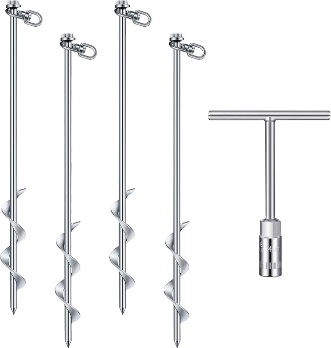 Hiboom 4 Pcs Ground Anchors with T Handle Hex Wrench Trampoline Hook Ground Anchor Screw in Kit Inflatable Outdoor Decorations Accessories for Camping Tents Car Ports Canopies (Silver16 Inch)