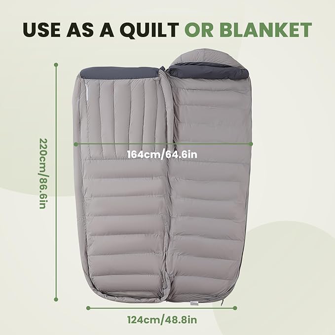 -10°F 0°F 10°F 15°F Down Sleeping Bag for Adults800/650 Fill PowerUltralight Wearable 4 Season Cold Weather Rectangle Sleeping Bag for Camping HikingCan be Used as a Down Blanket or Cloak