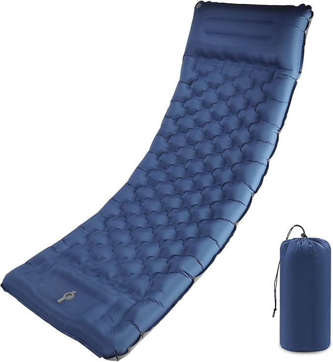 Camping Sleeping Pad with Pillow: Extra Thick 4.7 Inch Ultra-Light Self Inflating Air Mat Portable Waterproof Inflatable Sleep Mattress with Built-in Foot Pump for Outdoor Traveling (Navy Blue)