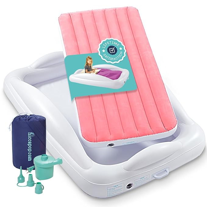 Hiccapop Inflatable Toddler Travel Bed with Safety Bumpers [4-Sided] Portable Toddler Bed for Kids Toddler Air Mattress Kids Air Mattress - Pink