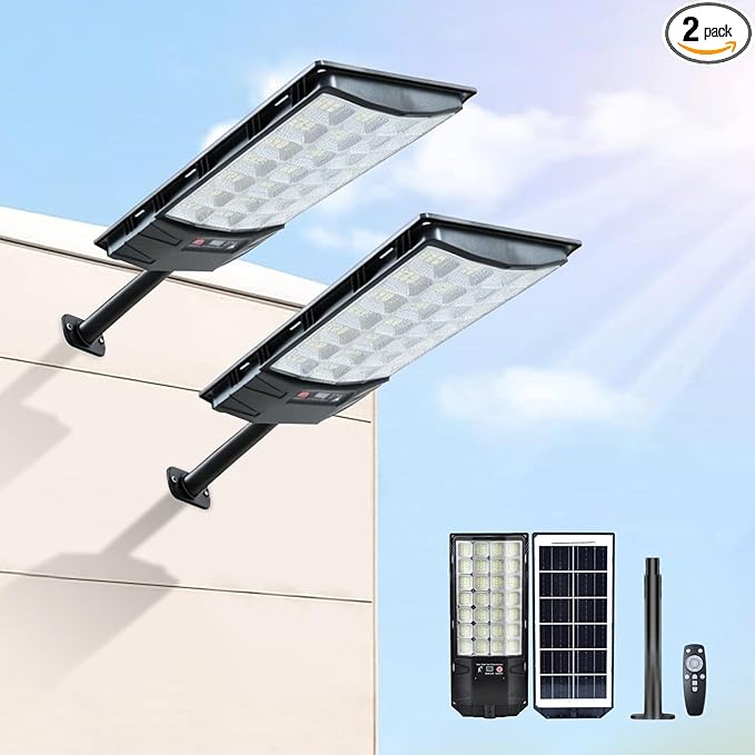 Solar Street Lights Outdoor 2-Pack 45000LM Dusk to Dawn Motion Sensor Light with Remote 7500K LED Solar Flood Light IP67 Waterproof Wall Mount Security Light for Yard Garage Driveway