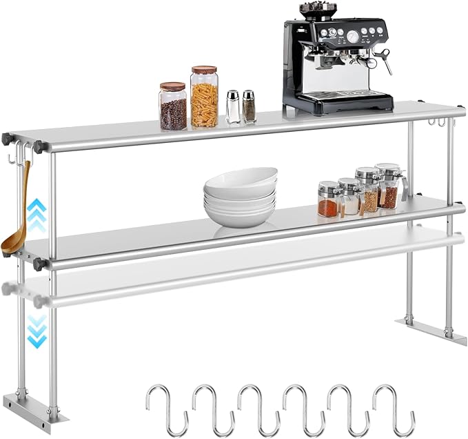 Stainless Steel Double Overshelf 60 x 12 Adjustable Double Overshelf with 6 Hooks Commercial Double Shelf for 60 Prep Work Table in Restaurant Home Kitchen and Workshop