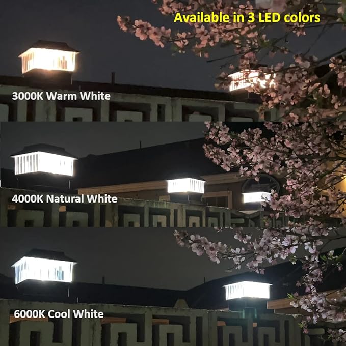 4-Pack Solar Post Cap Lights Outdoor 50 Lumen 3-Color Adjustable (3000K/4000K/6000K) Waterproof LED Lights for 4x4 &amp 5.5x5.5 Posts Black Matte Finish No Wiring Needed - Auto On/Off