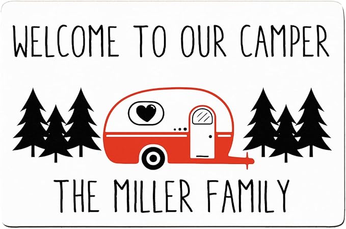 Personalized Happy Camper Doormat Camping - Custom Family Name and Rv Color Camping Door Mat RV Accessories for Inside Outside Funny Campsite Decorations for Travel Trailers 16 x 24 inches