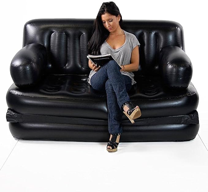 Folding Portable Inflatable Sofa Twin Bed Lazy Flocking Queen Size Air Bed Mattress - Great for Pop Up Indoor Living Room and Outdoor Balcony Backyard Camping Picnic RV + Foot Pump (Black)