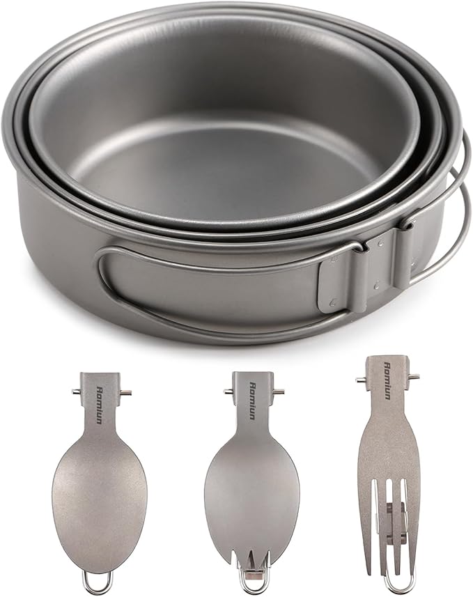 Titanium Camping Bowls and Utensils Set Lightweight Portable Titanium Plates with Folding Handle &amp Forks Spoons Travel Cutlery Dinnerware for Outdoor Camping Backpacking Hiking Picnic