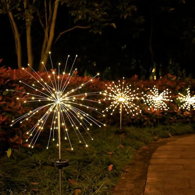Solar Firework Lights 2Pcs Garden Lights Outdoor Waterproof 120 LED with 8 Modes Twinkling and Steady-On Festive daysStarburst Lights for Path Patio Yard (Warm White)