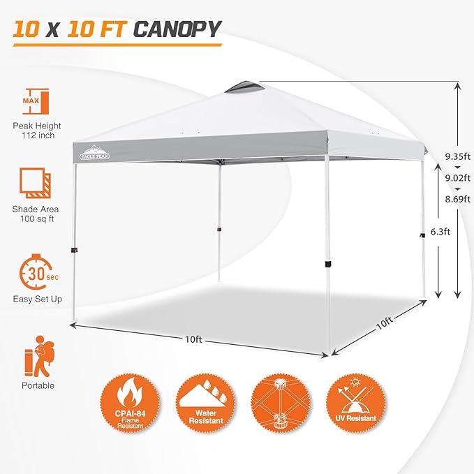 EAGLE PEAK Pop Up Canopy Tent with Wheeled Carry Bag 8 Stakes 4 Ropes 4 Weight Bags Easy Set Up Tent Canopy 10x10 ft 100sqft of Shade White