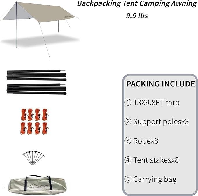 DANCHEL OUTDOOR 13x9.8ft Large Waterpoof Camping Nylon Tarp Canopy Tent Canopy Sun Shelter Glamping Awning Accessories Khaki