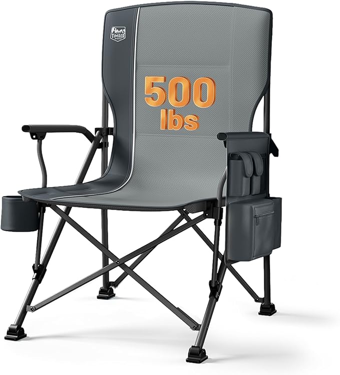 Timber Ridge 500lbs Oversized Folding Camping Chair Heavy Duty Lawn Chair for Adults Portable Collapsible High Back Chair with Cup Holder Side Pocket Cooler Bag for Outdoor Sports Grey