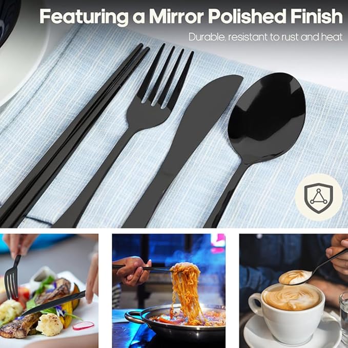 4 Pieces for 1 Persons Chopsticks and Forks Set Silverware Set Kitchen Utensils Set Cutlery Set Flatware Set Dishwasher Safe Mirror Effect for Picnic Camping Barbecue Black