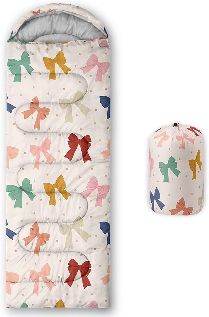 Colorful Bow Sleeping Bag 3 Season Warm Cool Weather Hand Drawn Bow Camping Sleeping Bag for Adult Cute Bowknot Camping Backpacking for Outdoor Traveling Hiking Hunting Gear Equipment