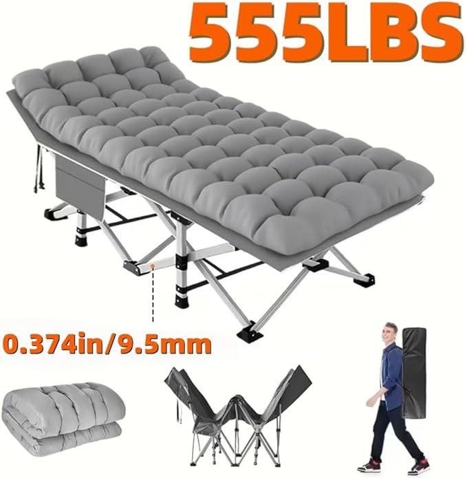 Oversized Heavy-Duty Outdoor Folding Bed with Side Pockets&ampMattress(Mini Model Optional)-755/655/55Lbs Super Capacity Camping CotGarden (Gray Utility (555lbs))