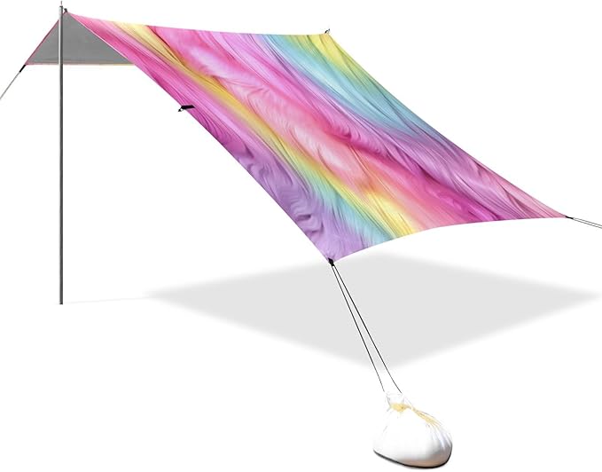 Rainbow Furry Texture Beach Tent Sun Shelter 9.2' x 10.5' Beach Canopy with 4 Sandbags 4 Stability Poles Sand Shovels - Tent Canopy for Beach Camping Fishing Picnics