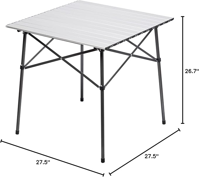 Portal Lightweight Aluminum Folding Square Table Roll Up Top 4 People Compact Table with Carry Bag for Camping Picnic Backyards BBQ Silver