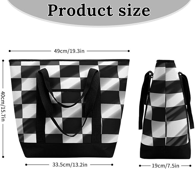 Insulated Shopping BagLarge Reusable Cooler Bags Black White Race Checkered Flag Printed Foldable Shopping BagTravel Waterproof Shoulder Bag