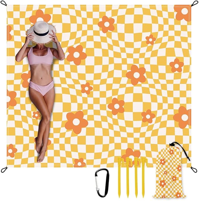 Beach Blanket Waterproof Sandproof Extra Large 8 Ft X 7 Ft for 4 Adults Oversized Sand Free Beach Mat with 4 Corner Pockets and Stakes Portable for Beach Picnic Travel Camping (Orange)