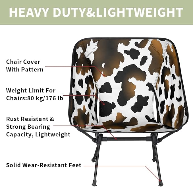 Animal Cow Pattern Print Black Camping Chair Lightweight Portable Chairs for Adults Easy Installation Outdoor Foldable Camping Chair for Camping Fishing Hiking Picnic Beach