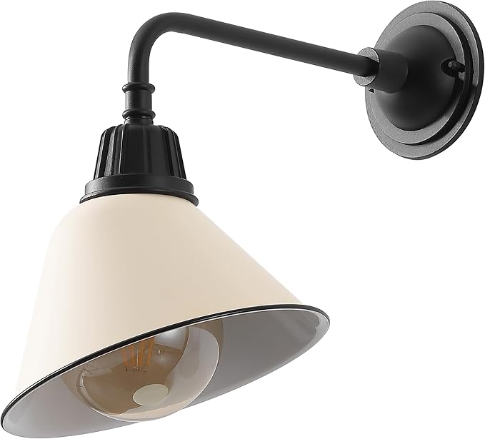 JONATHAN Y 9.63 Matte Almond/Black 1-Light Farmhouse Outdoor Sconce Industrial LED Wall Light Gooseneck Arm Barn Lamp with Metal Bell Shade for Porch Patio Kitchen LED Bulb Included (JYL7612J)