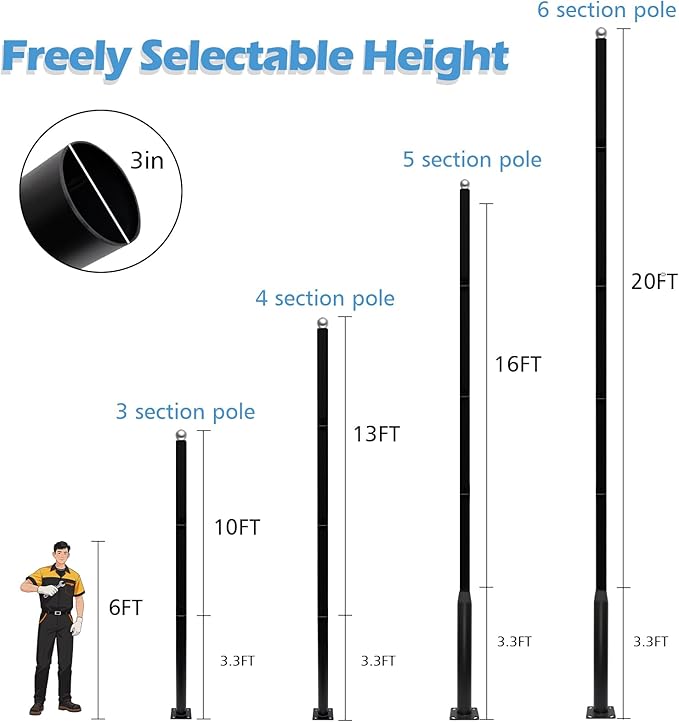 Street Light Pole 13 ftBlack Outdoor Solar Light PoleSplit Heavy-Duty Metal Adjustable Street Lamp Post with Rebar Cage and Ground Screw for Basketball CourtsStreetParking LotsPark.
