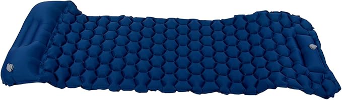 Inflatable Sleeping Pad for Camping | 40D Nylon &amp TPU Laminate Mat | Foot Press Inflation Cushion for Tent/Hiking/Travel | 3D Support 2 - Way Valve 700g Lightweight (Navy Blue)