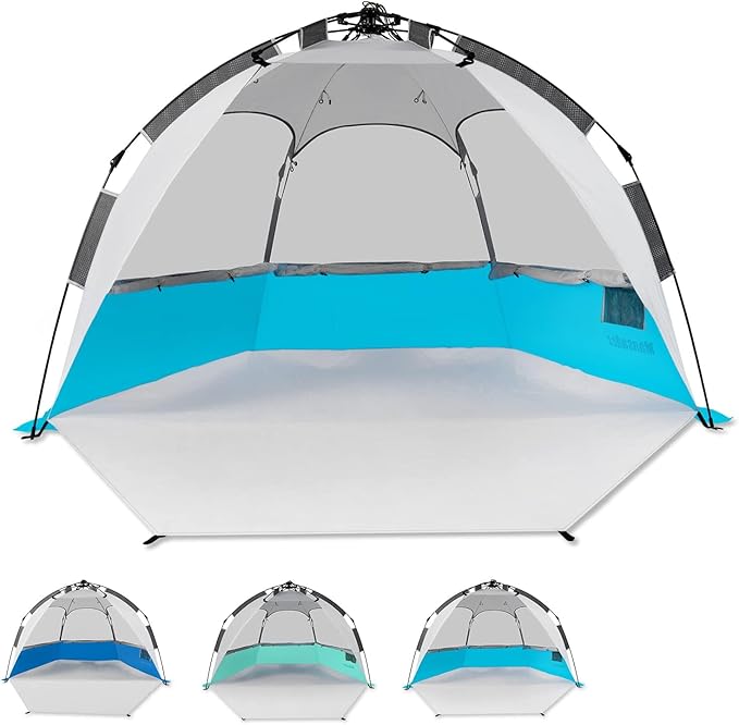2-3 Person Large Instant Pop Up Beach Tent UV Protection Portable Easy Setup Sun Shade Shelter Extended Floor with 3 Ventilating Mesh Windows for Outdoor Camping Fishing (Light Blue)