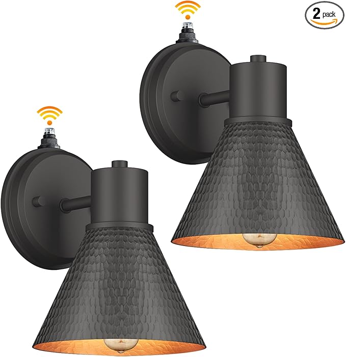 2 Pack Dusk to Dawn Outdoor Wall Sconces Exterior Farmhouse Barn Light Vintage Black Outside Wall Lighting Fixture with Hammered Shade Anti-Rust Waterproof Outdoor Light for House Porch Garage