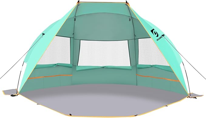 Beach Tent 3 Person Sun Shelter UPF 50+ with Extended Waterproof Pe Floor &amp 3 Mesh Roll Up Windows Fits Portable Beach Shade Easy Setup for Outdoor Camping Indoor Fishing Yard. (Green)
