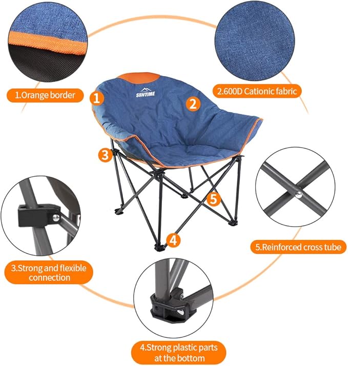 OUTDOOR LIVING SUNTIME Oversized Padded Camping ChairPortable Comfy Outdoor Folding Moon Round Saucer Chairs for Adults with Holder and Carry Bag Perfect for Hiking Lawn Patio Sports（Denim 2 Pack）