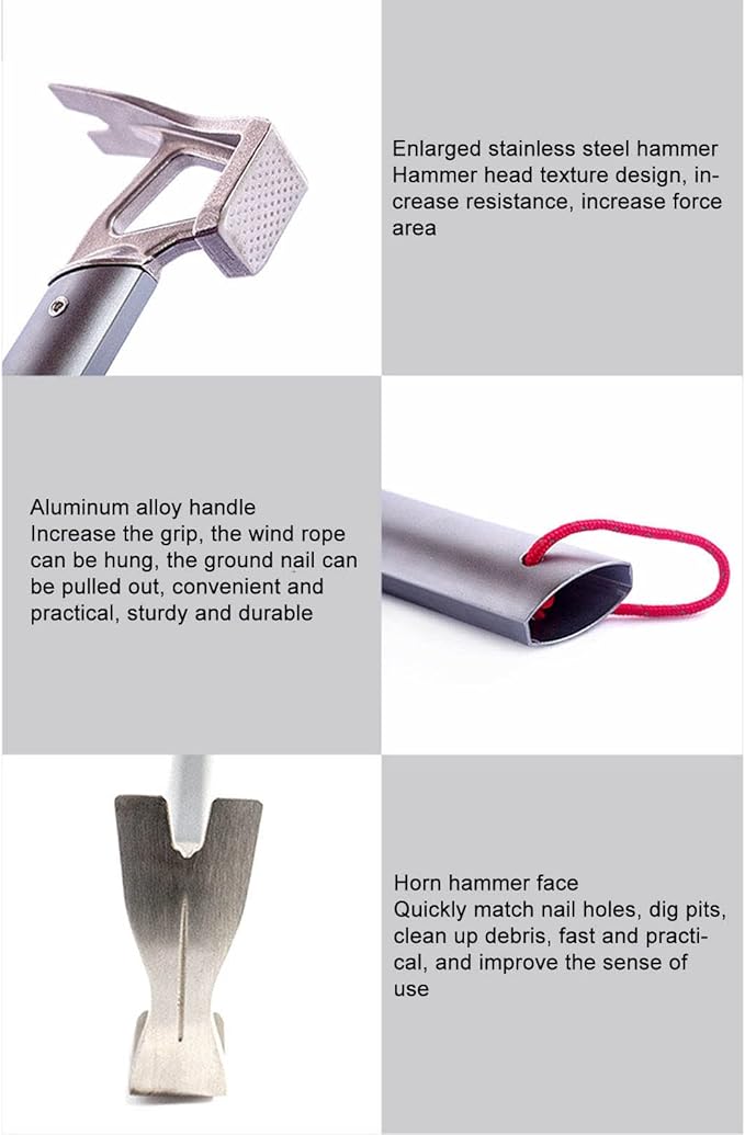 Camping Claw Hammer Multi-Functional Tent Stake Hammer Portable Stainless Steel Ox Horn Head Tent Stake Hammer with Aluminium Handle for Camping Hiking Backpacking Gardening