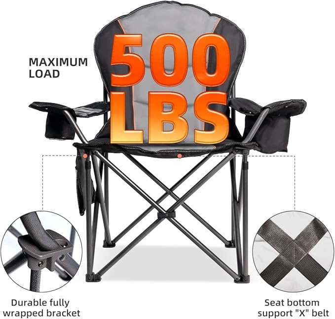 Large Camping Chair with Side Table Heavy Duty 500LBS - Folding Outdoor Chair with Cooler Bag (Black &amp Light Gray 1 PCS)
